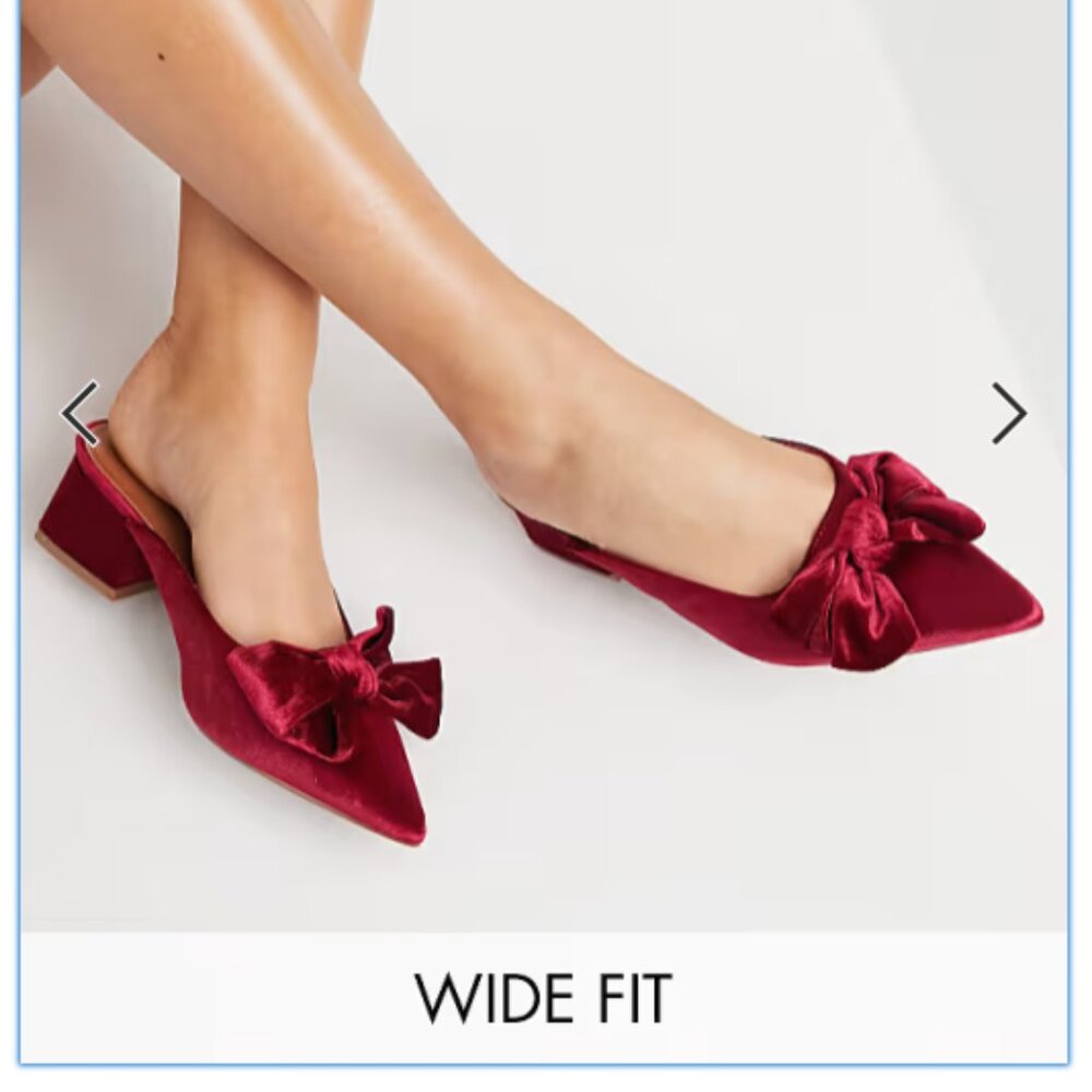 ASOS Wide Fit Burgundy Velvet Bow Pointed Mule Heels